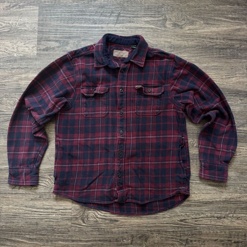 Orvis Big Bear Heavyweight Flannel Shirt Men Large L Red Navy Blue Plaid Cotton